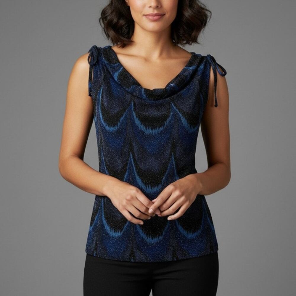 La Belle Womens XS Black Blue Sparkle CowlNeck Sleeveless Blouse Tie Stretch USA